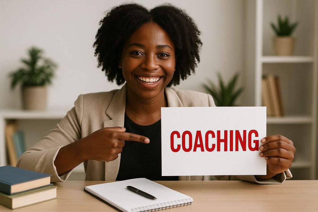 Smiling woman in a blazer holds a sign reading "COACHING," promoting life coaching services at her desk.