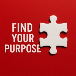 Red background with the text "Find Your Purpose" and a white puzzle piece, symbolizing life purpose coaching.