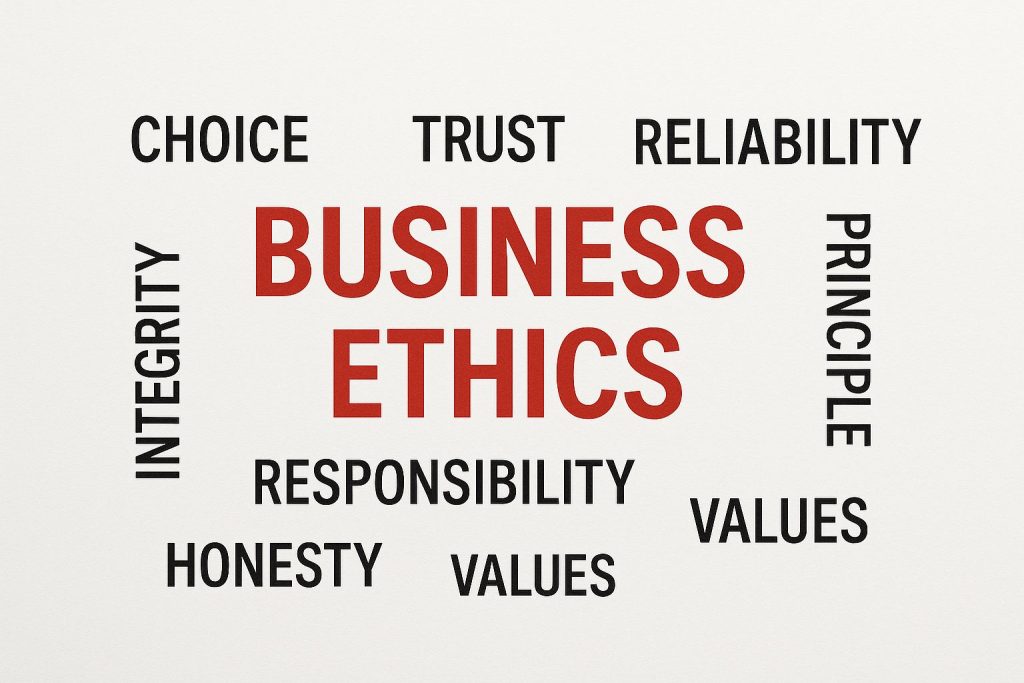 Business ethics concepts highlighted, including integrity, trust, and responsibility, emphasizing quick-and-dirty-ethics principles.