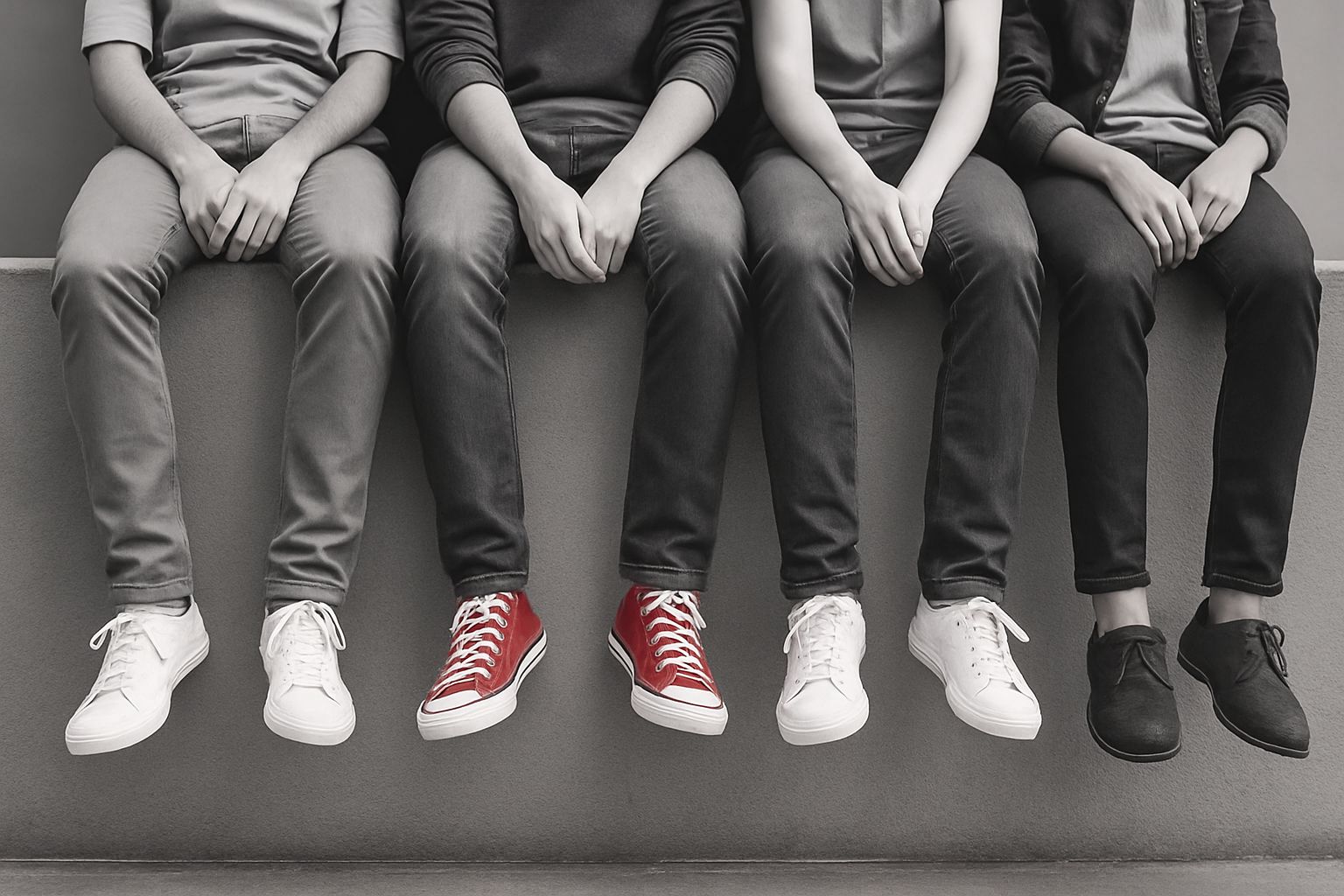 Five pairs of feet in casual shoes, showcasing diverse styles, perfect for discussing studymethods_studiemetodes.