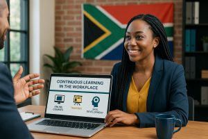 Smiling woman presenting a laptop screen on Continuous Learning in the Workplace, featuring online courses and training options.