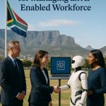 Leaders shake hands with a robot, promoting Future-Ready Leadership to manage an AI-Enabled Workforce in South Africa.