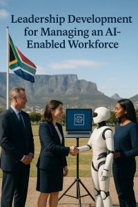 Leaders shake hands with a robot, promoting Future-Ready Leadership to manage an AI-Enabled Workforce in South Africa.