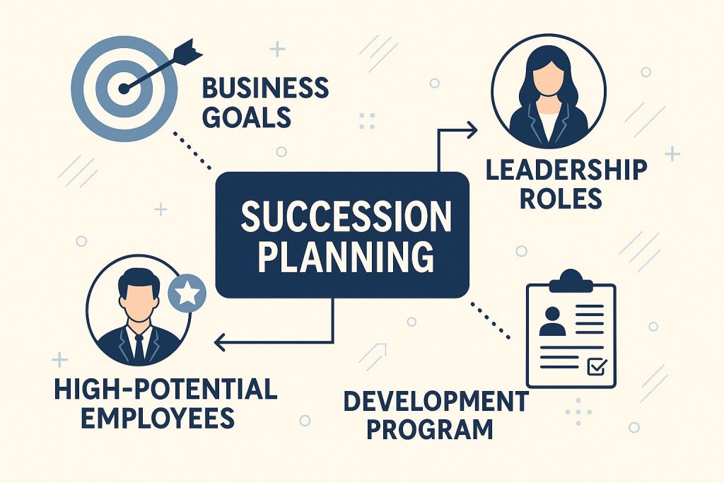 Visual diagram illustrating succession planning with elements like business goals, leadership roles, high-potential employees, and developme…