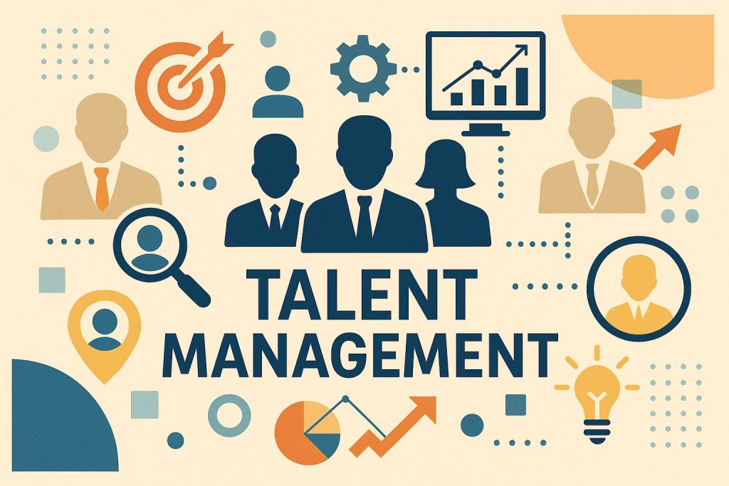 Graphic illustrating "Talent Management" with icons of people, charts, and gears, highlighting its importance in business.
