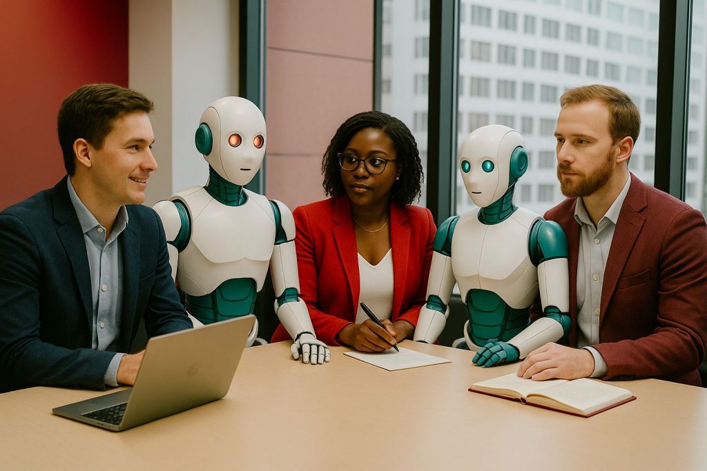 Diverse team meeting with humans and AI robots, exploring the future of work: every employee an AI manager.