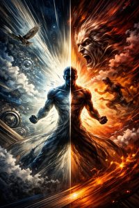 A split image showing a figure embodying conflict, symbolizing "The Enemy Within" and conscious decision-making.