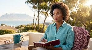 Woman reflecting and writing in a journal outdoors, with a view of Table Mountain, embodying leadership reflection in South Africa.