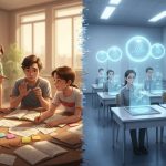 Split scene showing kids collaborating on learning vs. students receiving automated grades through AI technology.