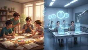 Split scene showing kids collaborating on learning vs. students receiving automated grades through AI technology.