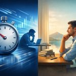 Split image illustrating timed vs non-timed online psychometric assessments, featuring a stopwatch and a contemplative man.