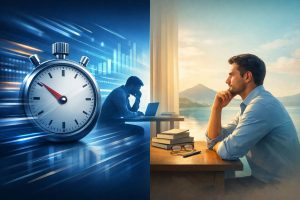 Split image illustrating timed vs non-timed online psychometric assessments, featuring a stopwatch and a contemplative man.