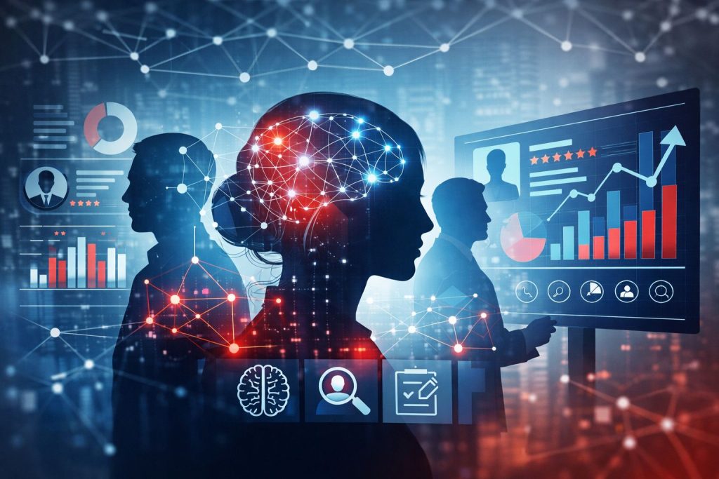 Silhouettes of professionals with data visuals, representing Talent Assessments and Psychometric Testing Solutions for effective decisions.