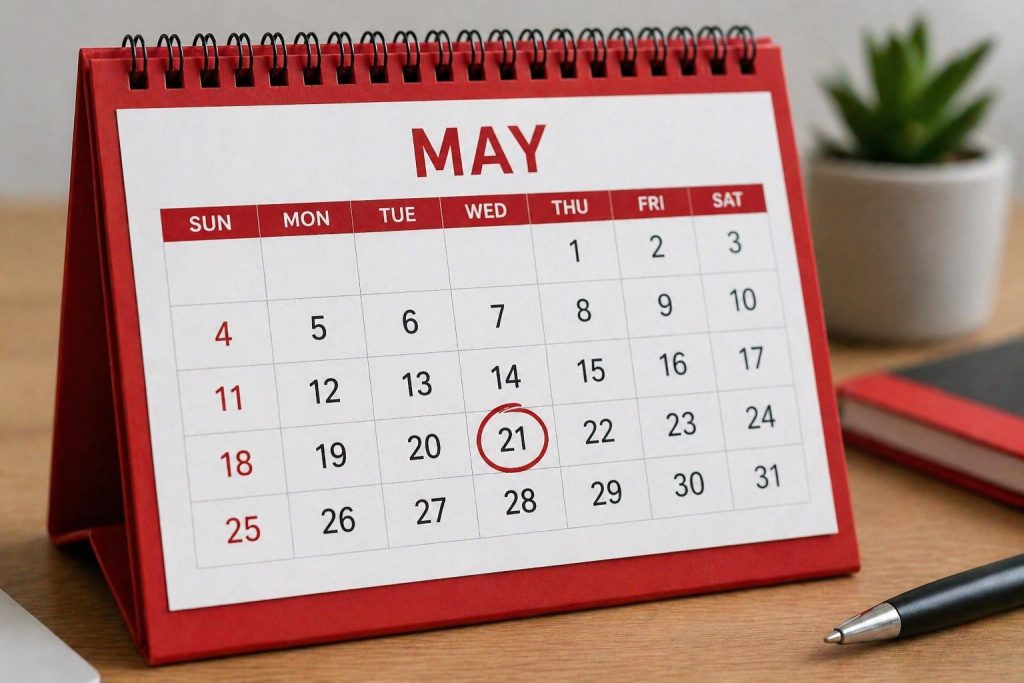 May calendar with the 21st circled, perfect for scheduling a get-in-touch meeting.