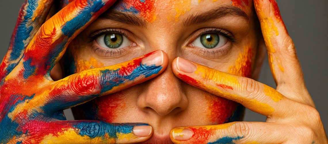 A woman with colorful paint on her face and hands, symbolizing a narrative tribute to the woman in my life.