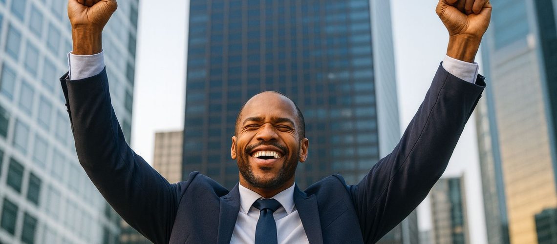 Smiling businessman in a suit raises fists in celebration, symbolizing success in business coaching and funding for growth.
