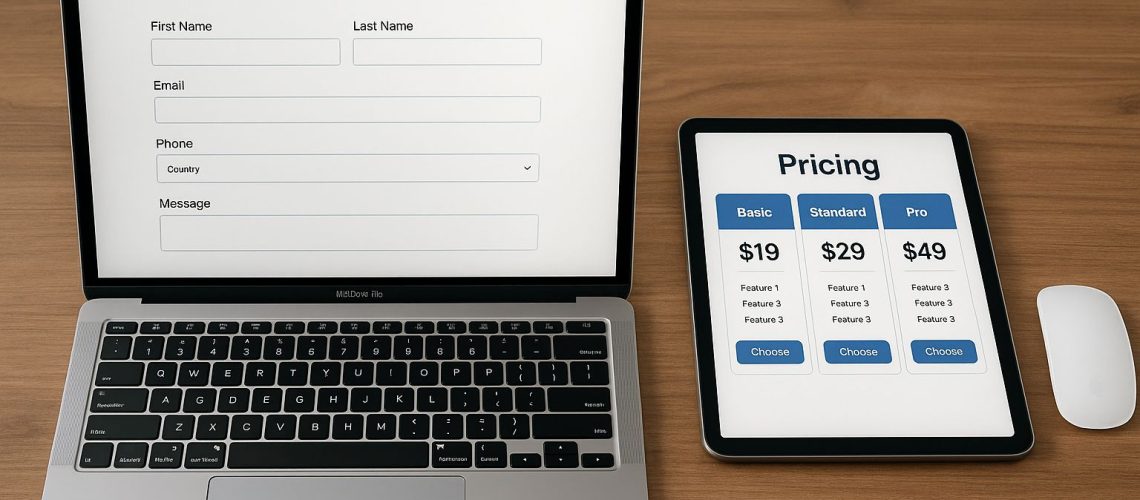 Laptop displaying a contact form next to a tablet showing pricing options. Does your website have a purpose?