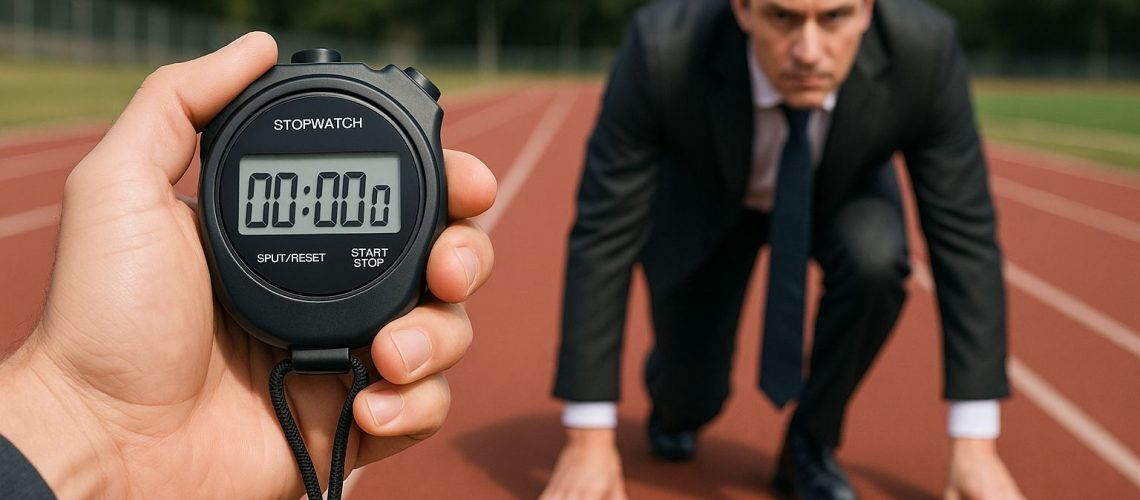 A businessman in a suit prepares to sprint on a track, with a stopwatch in hand, symbolizing THRIVE ON BUSINESS COACHING.