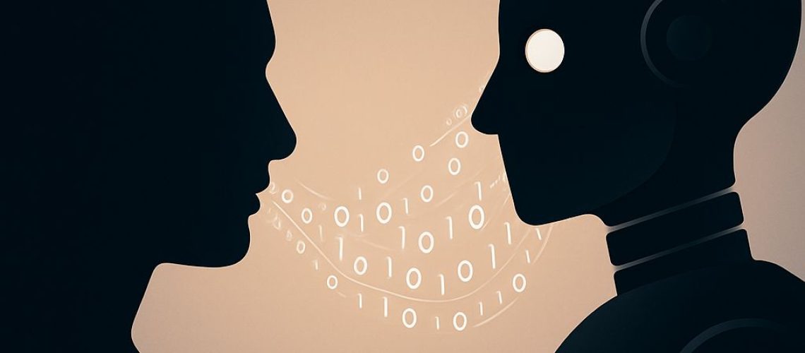 A human face and robot exchanging binary code, symbolising outsourcing to AI.