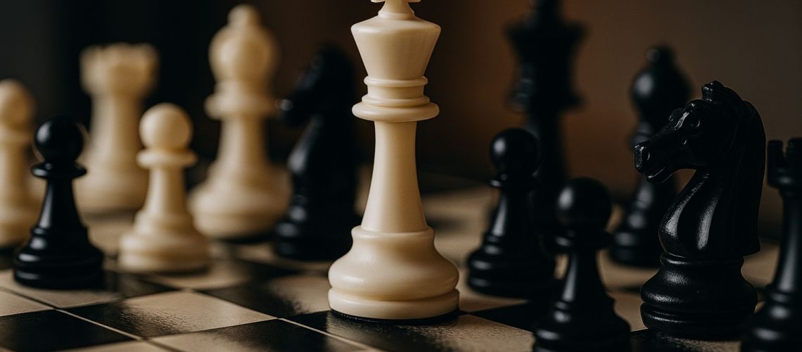 A close-up of a chessboard with a prominent white king, symbolizing strategic planning in SWOT for strategy.