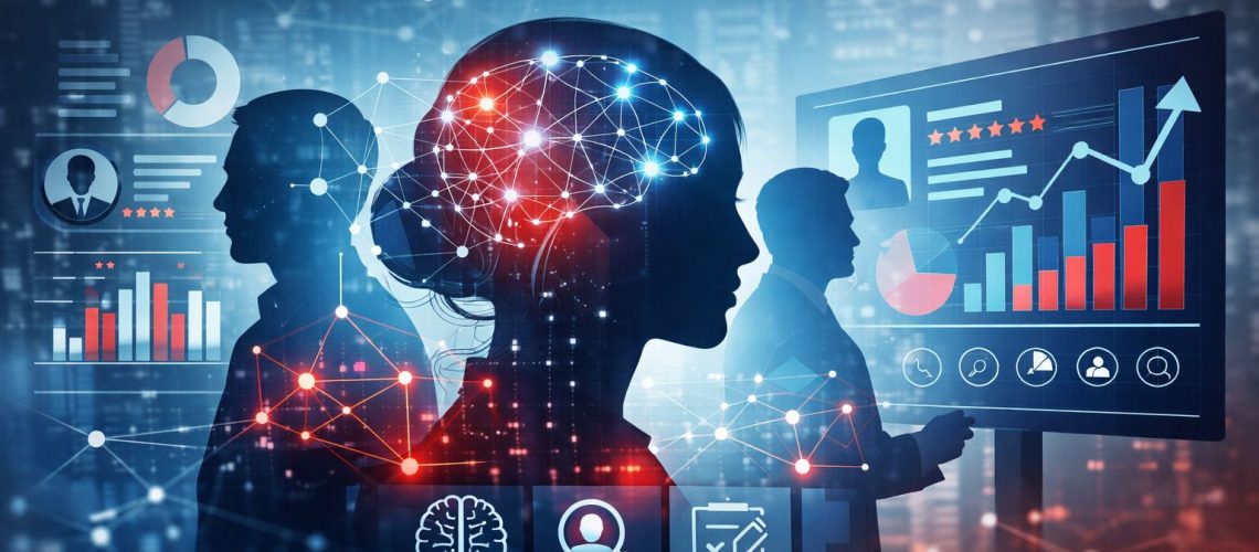 Silhouettes of professionals with data visuals, representing Talent Assessments and Psychometric Testing Solutions for effective decisions.