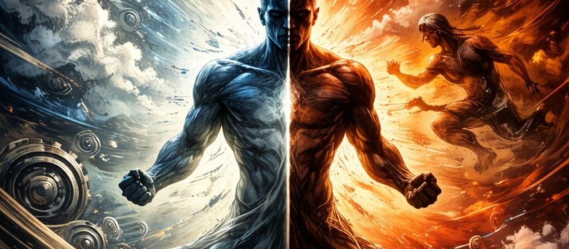 A split image showing a figure embodying conflict, symbolizing "The Enemy Within" and conscious decision-making.