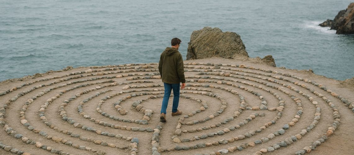 A person walks through a stone labyrinth by the ocean, symbolizing unlocking the value of spiritual moments in training.
