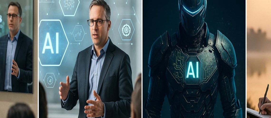 Man transforming from AI lecturer to futuristic AI-powered armor, illustrating "What I have become.