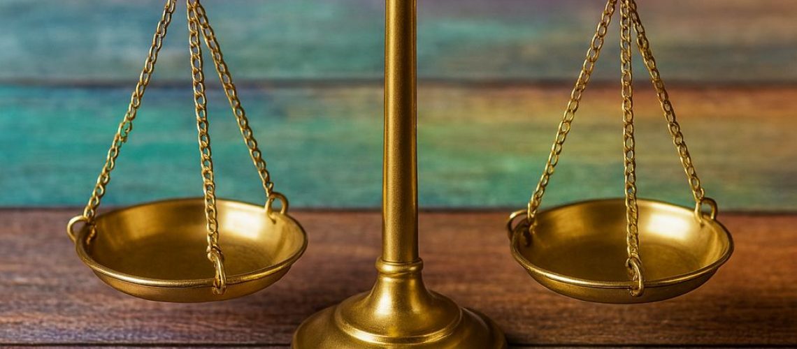 Golden scales symbolize the concept of work-life balance on a colorful wooden background.