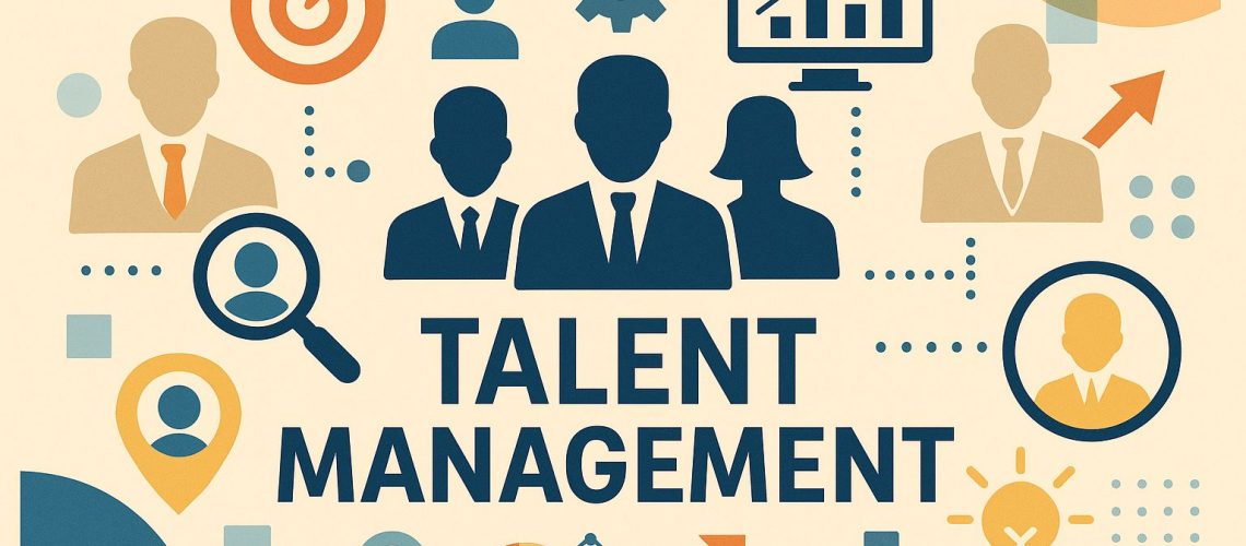 Graphic illustrating "Talent Management" with icons of people, charts, and gears, highlighting its importance in business.