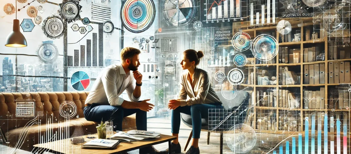 Your Business coach as your thinking partner A wide format image depicting a business coach and client in a modern office setting. They are engaged in a collaborative discussion, with charts, graphs, and strategic planning materials on a table. The atmosphere is one of creative thinking and problem-solving. The coach and client are sitting side by side, leaning in towards each other, emphasizing partnership and trust. The background includes elements of a professional office, such as bookshelves with business books, a whiteboard with diagrams, and a large window with a cityscape view. The overall vibe is dynamic, professional, and supportive.