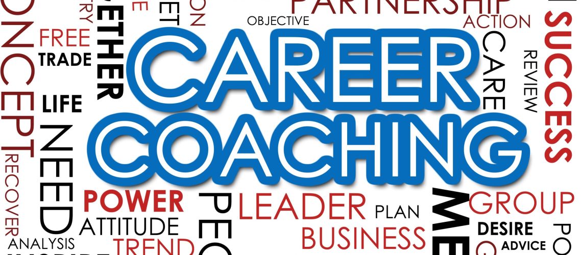 Word cloud featuring "Career Coaching" in bold, surrounded by terms like growth, success, leadership, and creativity.