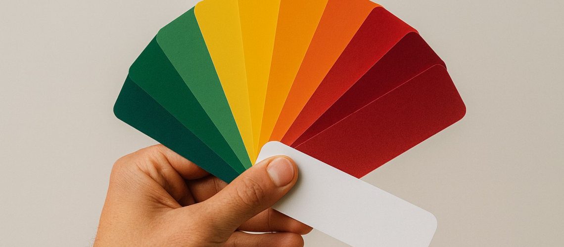 A hand holding a fan of colorful paint swatches, illustrating coaching and consulting differences visually.