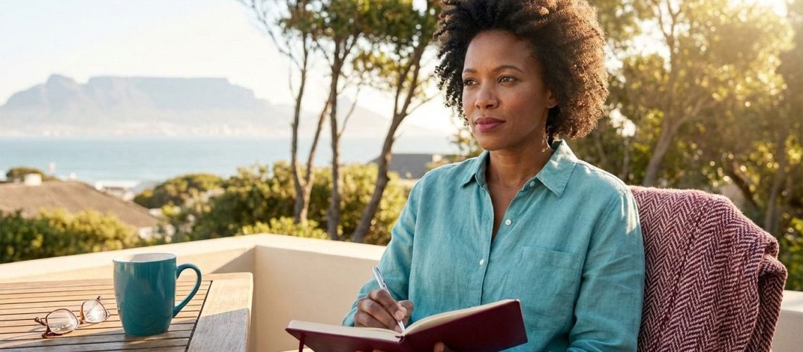 Woman reflecting and writing in a journal outdoors, with a view of Table Mountain, embodying leadership reflection in South Africa.
