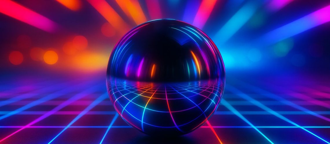 A reflective sphere on a grid, surrounded by vibrant neon lights, symbolizing future business trends and innovation.