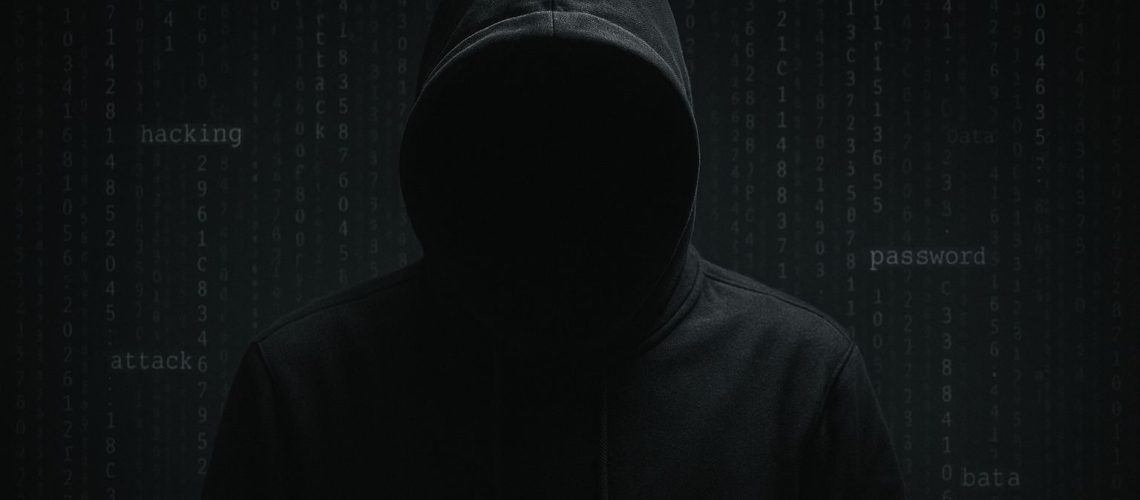 Silhouette of a hooded figure against a dark background with coding, emphasizing the need to keep your online business safe and secure.