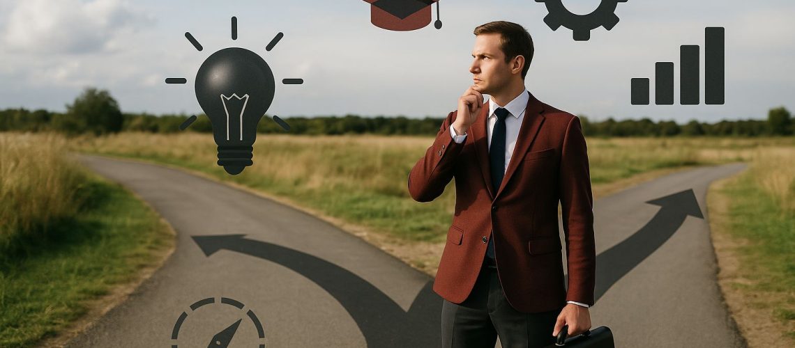 Businessman contemplating career choices at a crossroads, with icons representing education, innovation, and growth.
