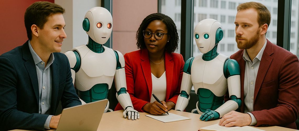 Diverse team meeting with humans and AI robots, exploring the future of work: every employee an AI manager.