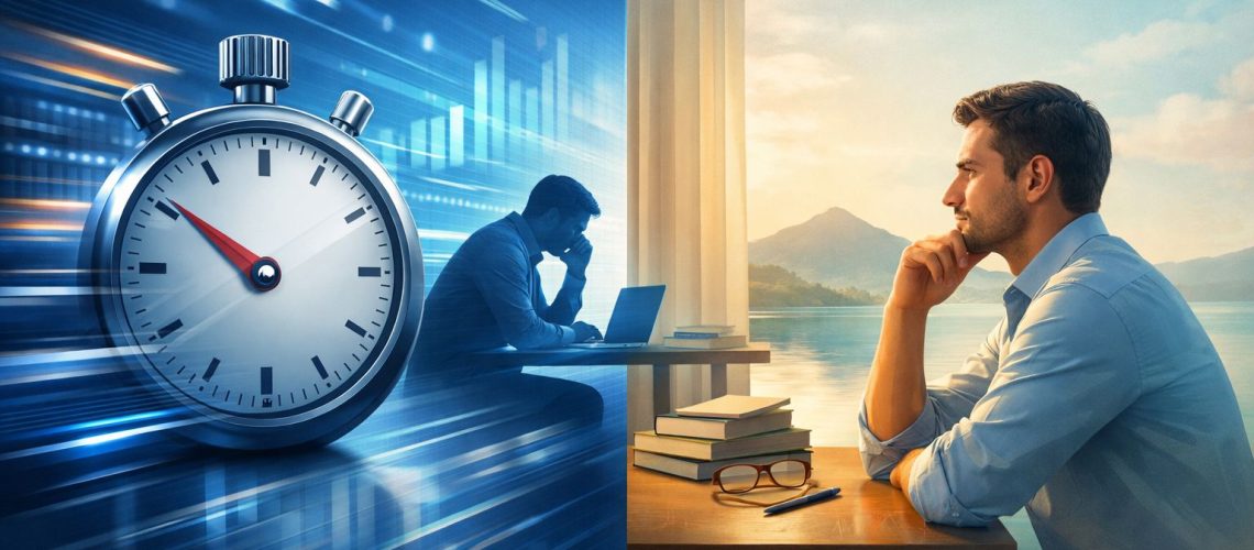 Split image illustrating timed vs non-timed online psychometric assessments, featuring a stopwatch and a contemplative man.